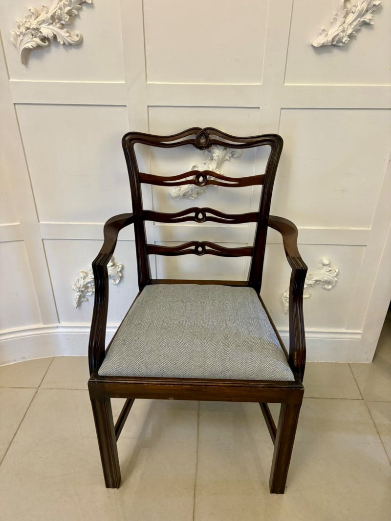 Antique Set of 12 Mahogany Chippendale Style Ladder Back Dining Chairs – 10 Singles & 2 Carvers - Image 8